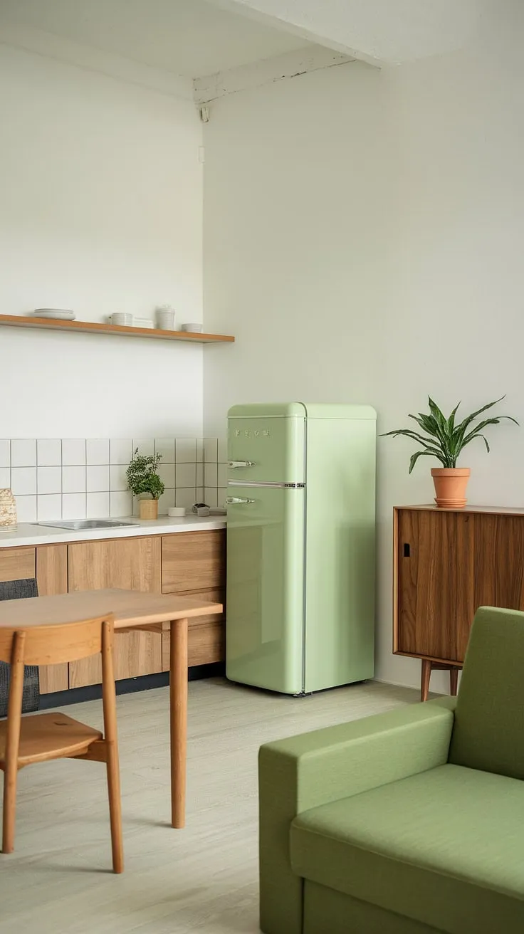 This minimalist studio apartment, bathed in soft light, is a haven of calm. The green accents, from the refrigerator to the sofa, create a vibrant yet serene atmosphere, perfectly complemented by the warm wood and crisp white walls. A perfect blend of functionality and style.