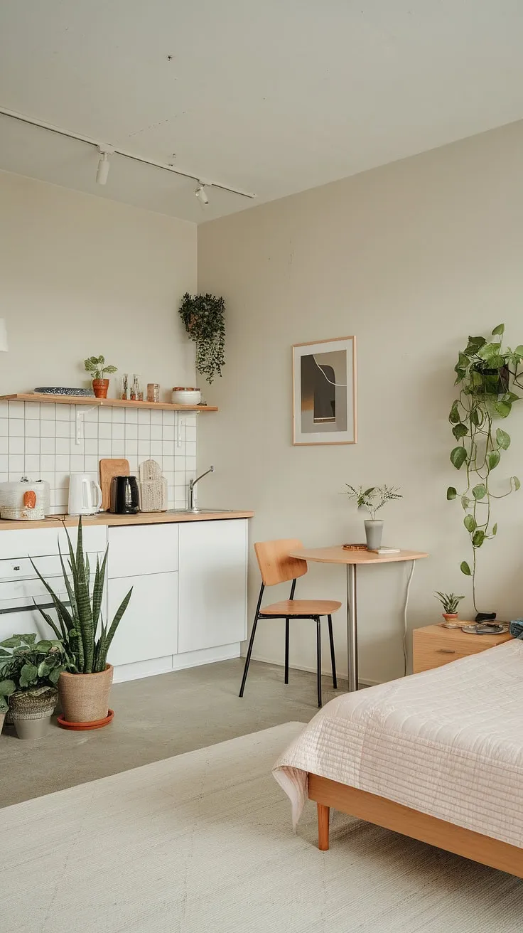 A haven of calm in a compact space. This studio apartment demonstrates how thoughtful design and a neutral palette can transform a small area into a comfortable and stylish living space. A testament to the power of minimalist living.