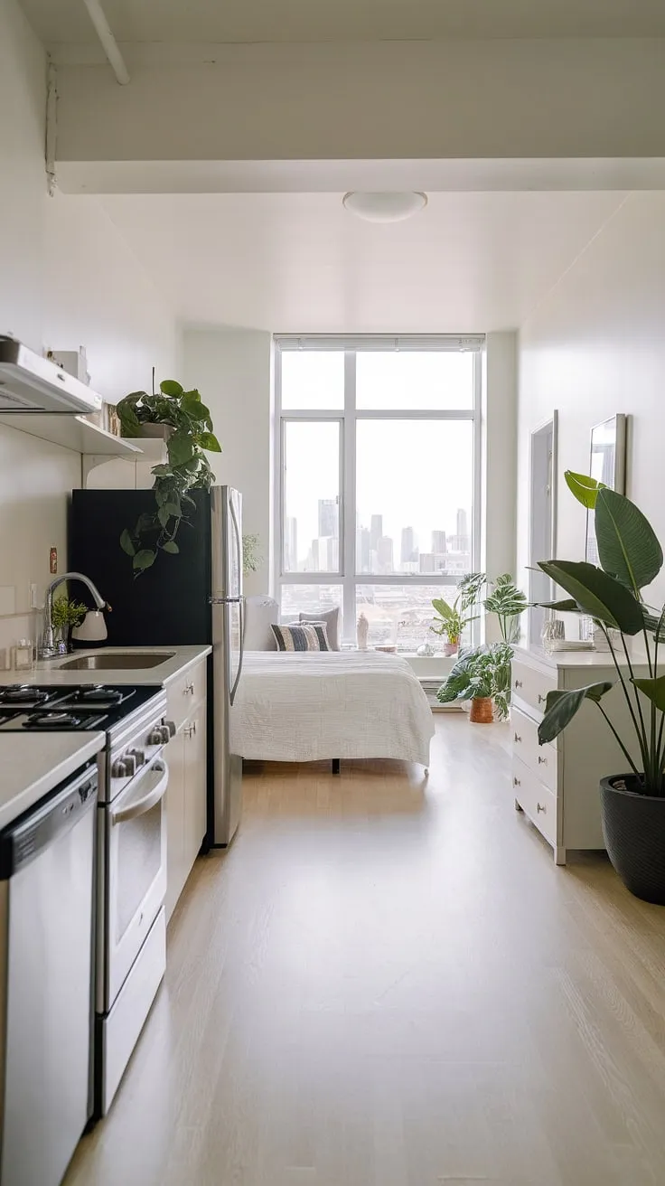 This minimalist studio apartment seamlessly blends urban living with tranquil comfort. The open layout maximizes space, while the large window offers breathtaking city skyline views, creating a perfect sanctuary. A queen-size bed provides restful nights, complemented by a small but functional kitchen and a cozy seating area, all enhanced by the calming presence of indoor plants.
