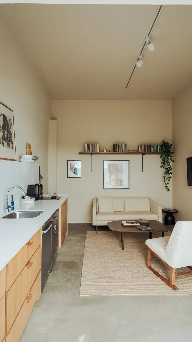 Sunlight streams into this airy studio apartment, highlighting the seamless flow between the minimalist kitchen and cozy living area. A perfect blend of functionality and style, it's a space designed for effortless living.