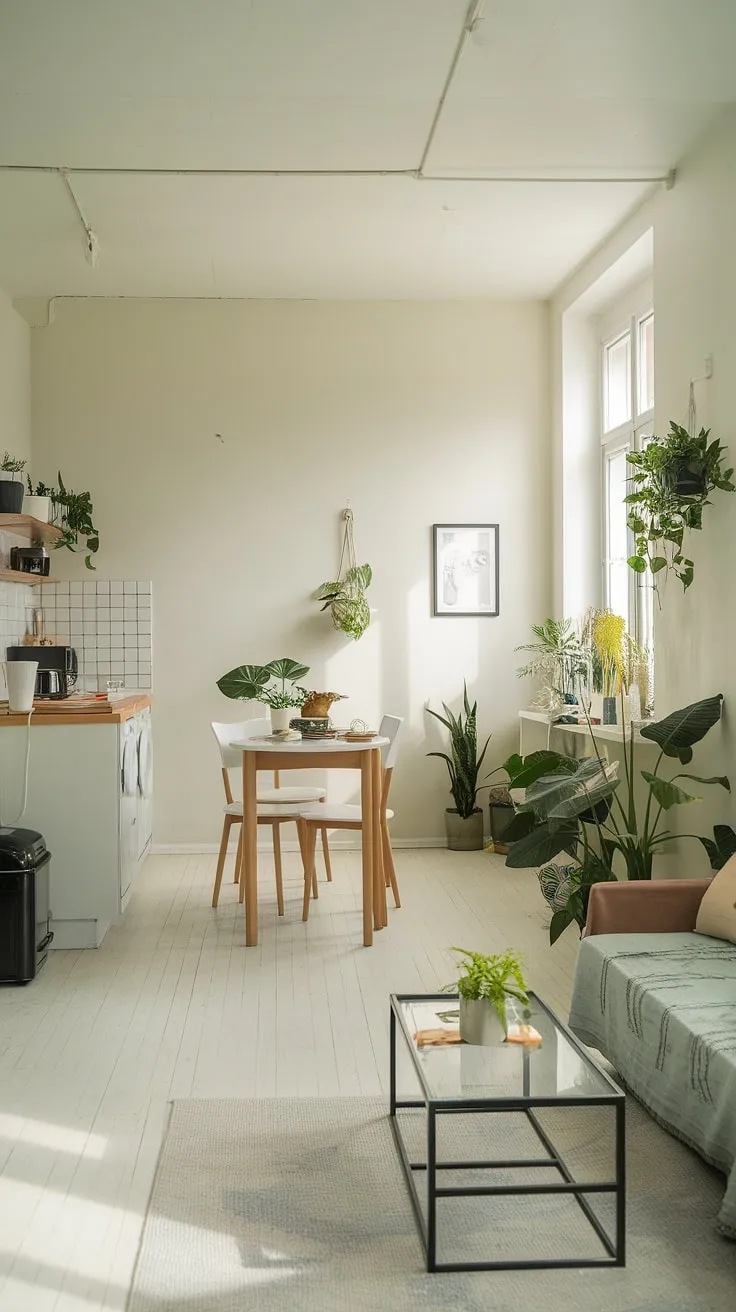 Sunlight streams into this minimalist studio, highlighting the calming green accents and creating a serene atmosphere. The open layout seamlessly connects the kitchen, dining area, and living space, making the most of every square foot. A perfect blend of functionality and style.