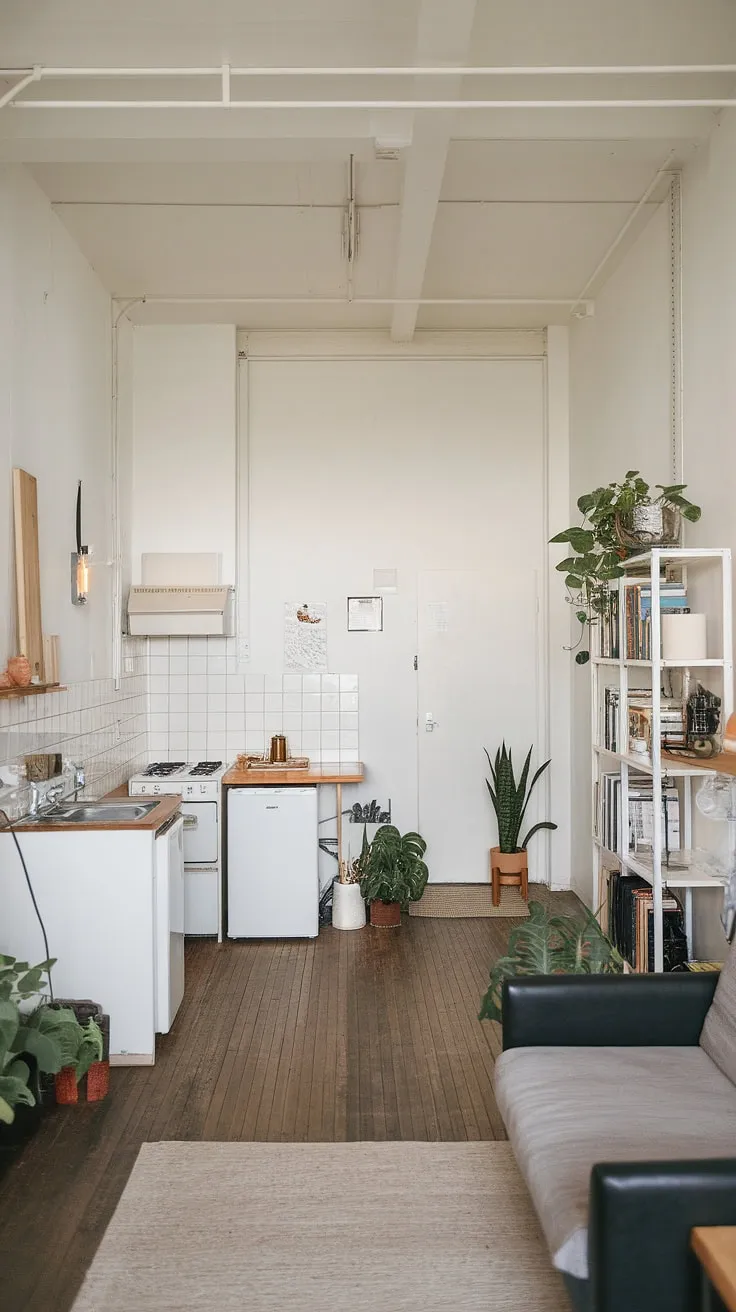 A small space, a big impact. This minimalist studio apartment proves that less is truly more. The clean lines, natural wood floors, and pops of green create A peaceful and productive environment. A testament to thoughtful design in a compact living space.