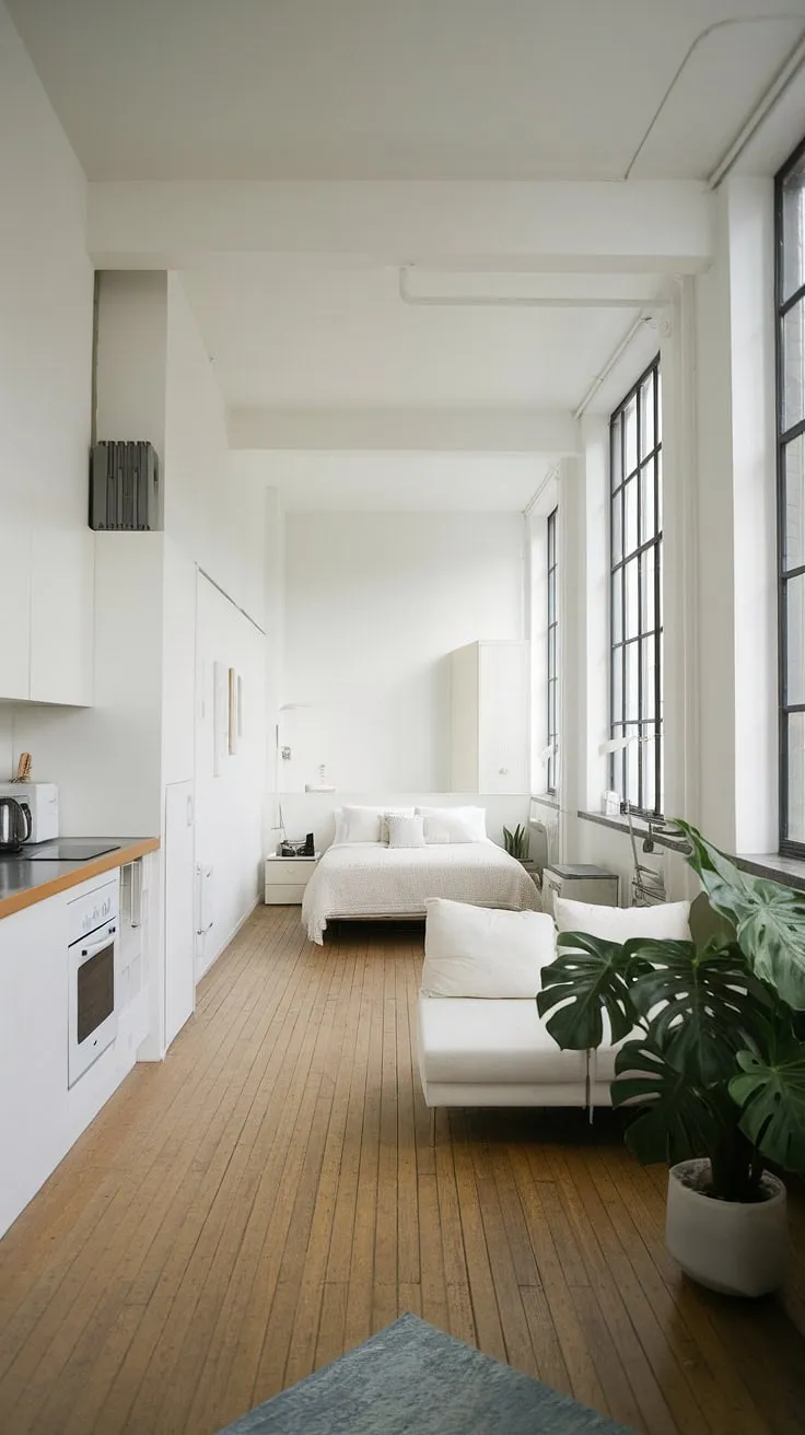 Sunlight streams through the large windows of this minimalist studio, illuminating the airy open-plan layout. A white sofa, a small kitchen with white counters, and a cozy bed area create a serene and functional space, perfectly balanced with a touch of green from a thriving plant. This is the epitome of a simple yet stylish living.