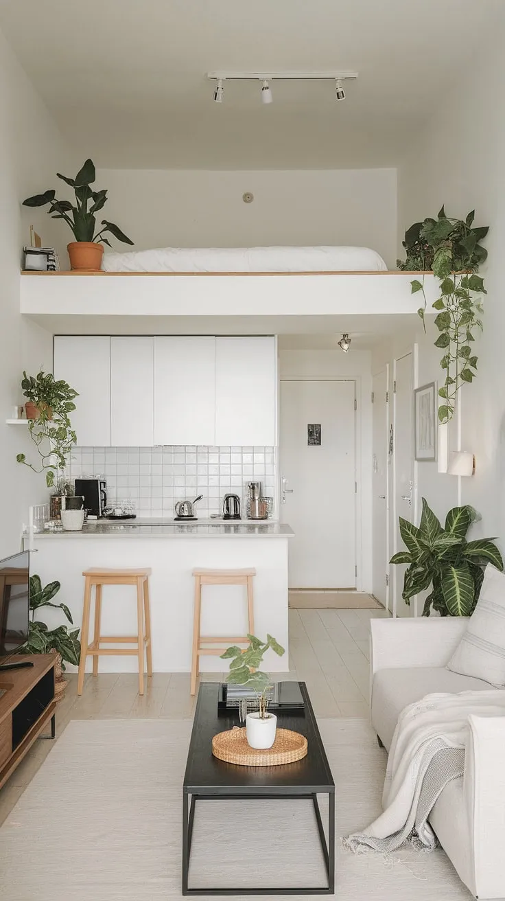 This bright white studio apartment is a testament to efficient design. A loft bed maximizes vertical space, while strategically placed greenery softens the minimalist aesthetic. The open-plan layout feels surprisingly spacious, offering a tranquil retreat from the everyday.