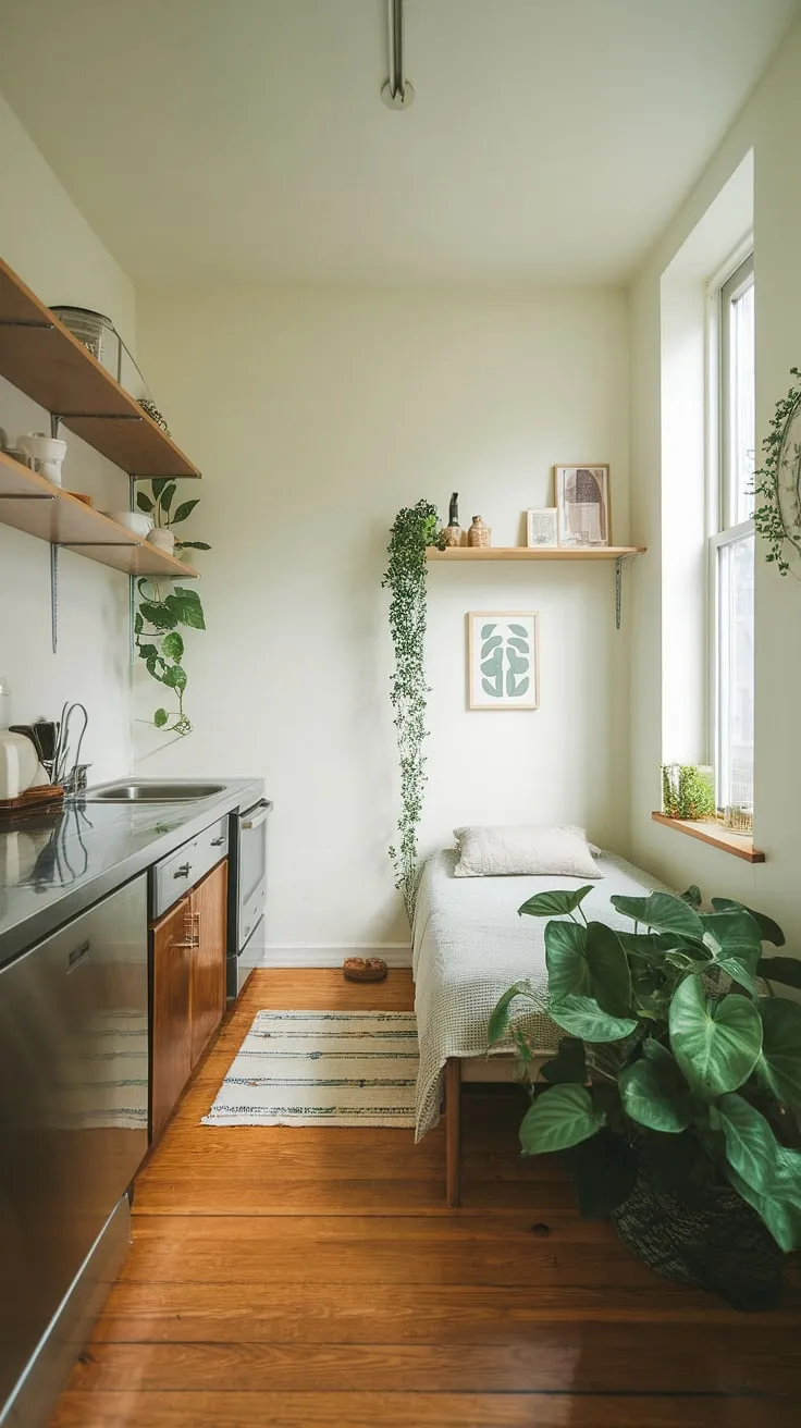 Serene simplicity defines this minimalist studio, where a calming green palette meets modern functionality. The natural light enhances the space, creating a haven of tranquility. A perfect blend of comfort and style.