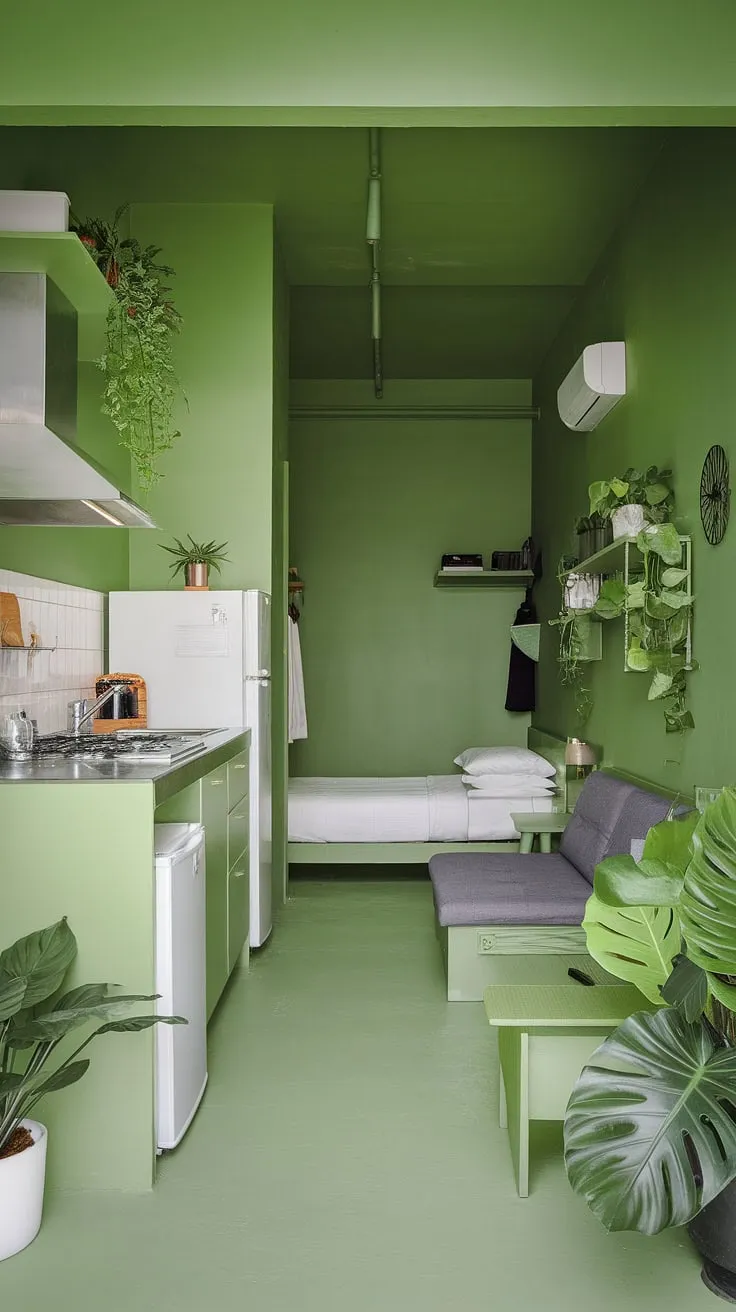 This minimalist green haven proves that small spaces can be incredibly stylish and functional. The calming palette and abundance of plants create a serene atmosphere, perfect for unwinding after a long day. A thoughtfully designed layout maximizes every inch, making this compact studio feel surprisingly spacious.