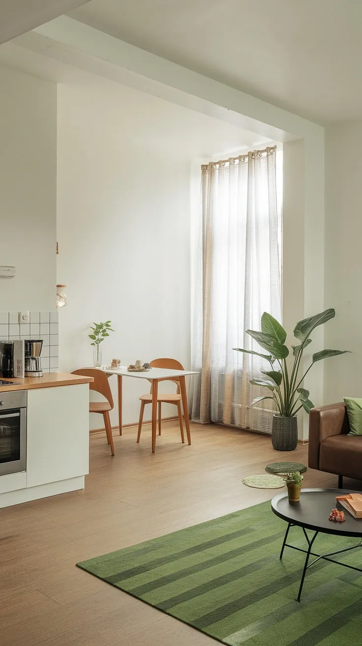 This minimalist studio apartment, bathed in natural light from the large window, seamlessly blends functionality and style. The open layout, accented by a green rug and vibrant plant, creates a calm and inviting atmosphere. A perfect example of how thoughtful design can maximize space and create a serene living environment.