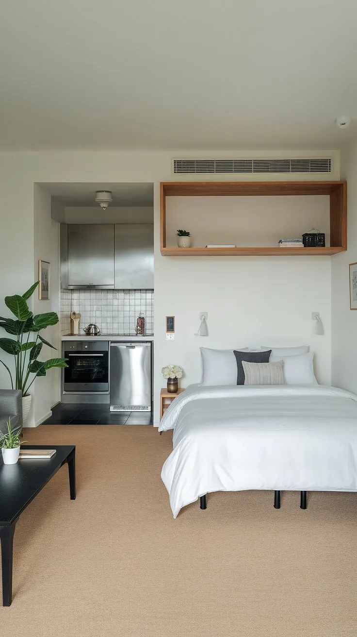 This minimalist studio apartment seamlessly blends functionality and style. The open layout maximizes space, while the sleek kitchen and comfortable living area create a haven of calm. A perfect blend of modern design and cozy living.