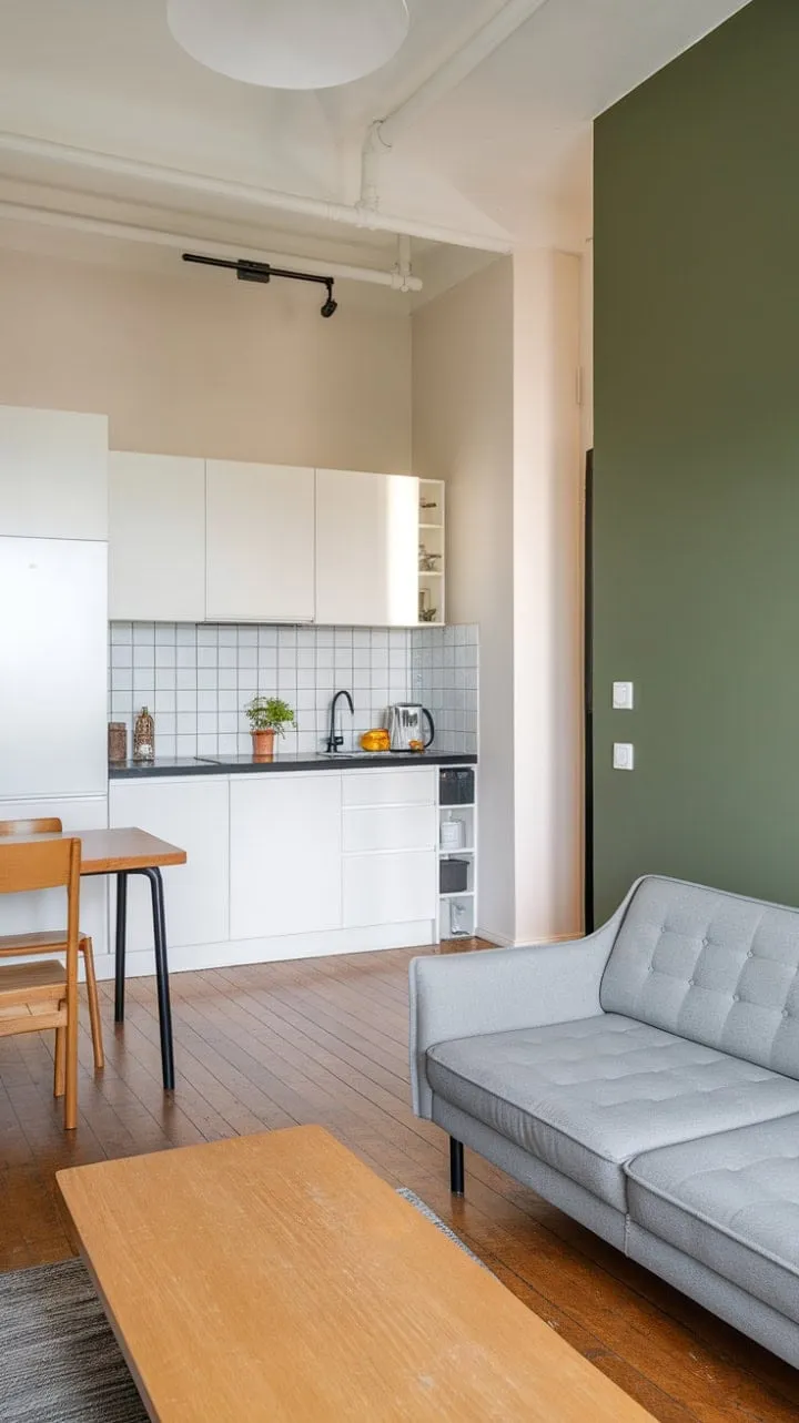 This stylish minimalist studio apartment features a vibrant green accent wall and an open layout that harmoniously combines modern design with cozy functionality.