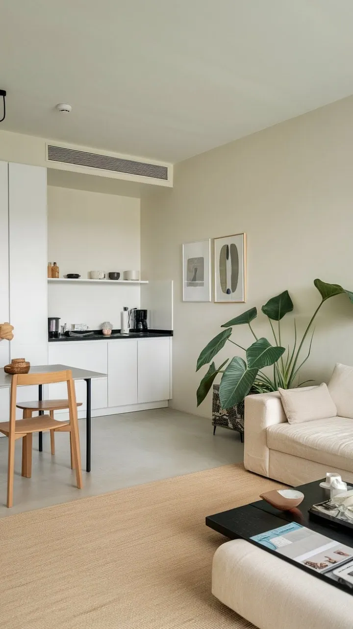 Bathed in sunlight, this serene studio apartment showcases the beauty of minimalism with its sleek kitchen and inviting living area, proving that simplicity can create a harmonious retreat.