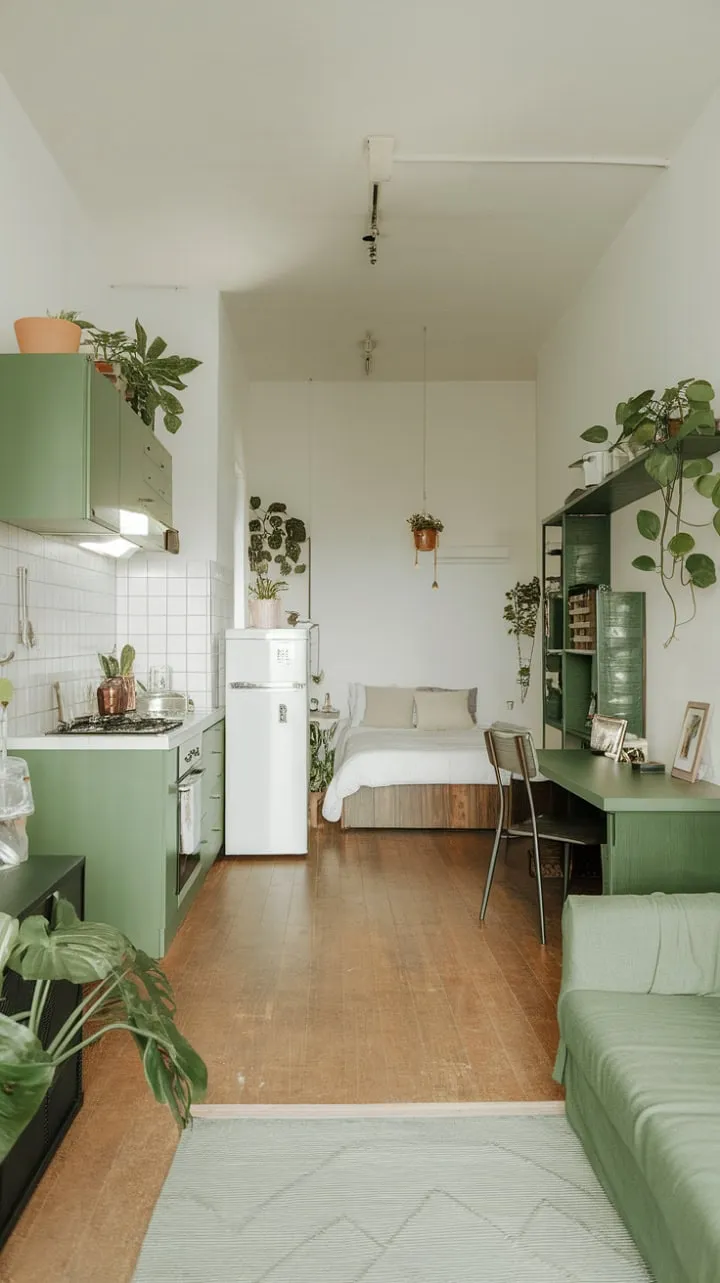 This serene studio apartment harmoniously blends calming colors, clever design, and abundant greenery to create a tranquil retreat for mindful living.