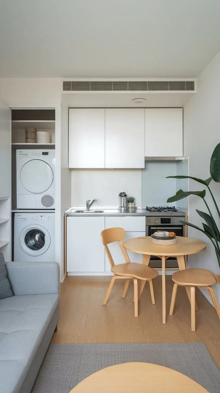 This stunning studio apartment showcases the beauty of small spaces through its clever design, blending a functional kitchen with a cozy living area for an elegant and efficient retreat.