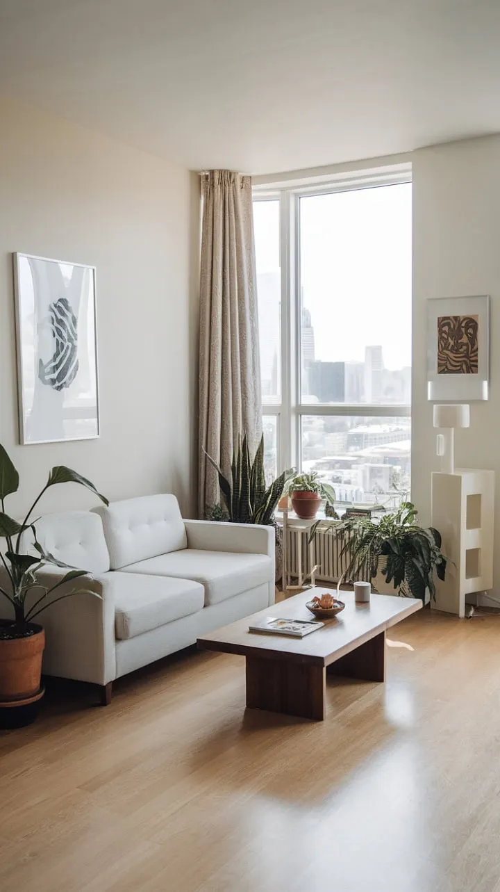 Experience a serene urban oasis where minimalist design meets breathtaking city views, bathed in natural light and adorned with art and greenery.
