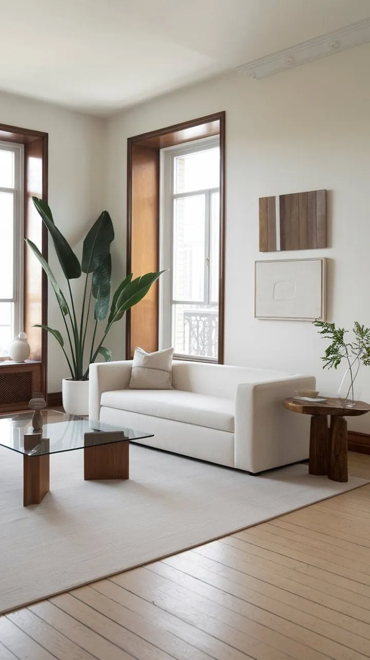 This modernist living room elegantly balances minimalism with a striking art piece and a touch of nature, creating a serene and spacious retreat.