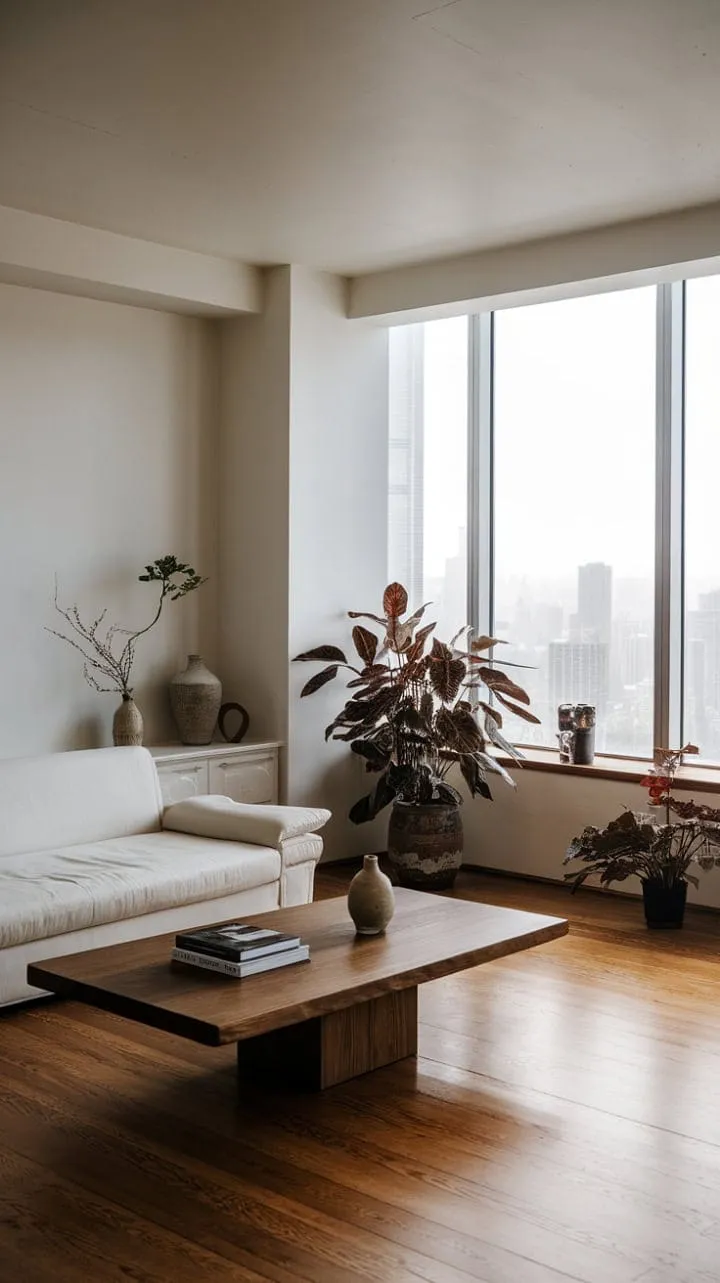 Bathed in sunlight, this modernist apartment harmoniously combines serene minimalism with a vibrant city skyline, creating a perfect sanctuary of comfort and style.