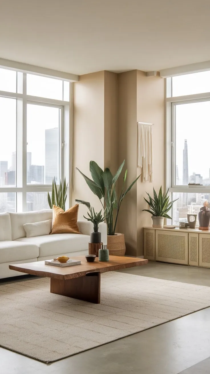 Minimalist design meets city views in this modern apartment's bright living room