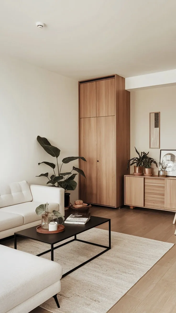 Sleek white sofa, black coffee table, and pops of green define this minimalist modern apartment living room