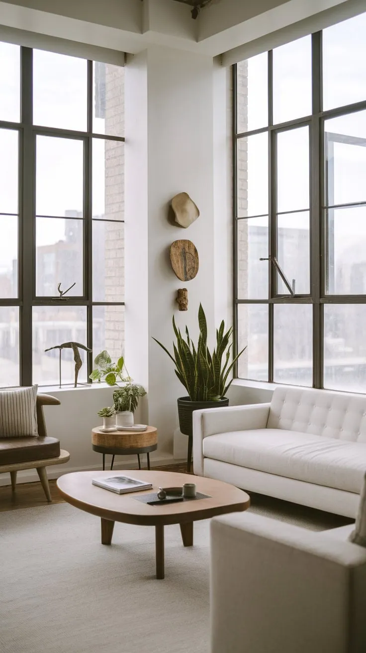A sleek white sofa and minimal furnishings define this modern apartment's bright, airy living space.