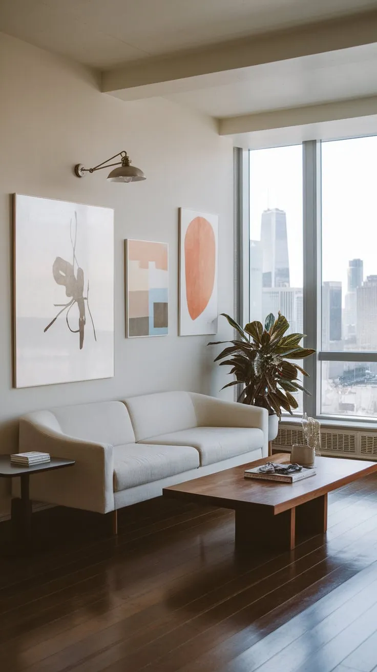 Modern minimalist living, showcasing a city view through large windows and accented by abstract art.