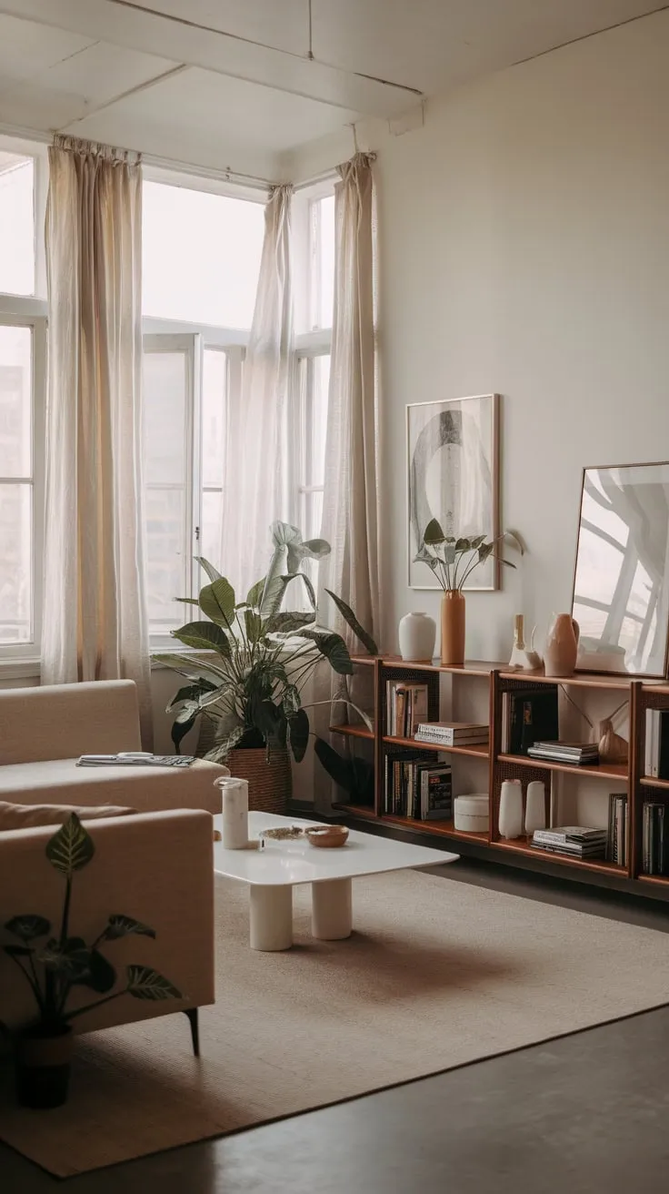 Natural light floods a minimalist modern apartment living room featuring a beige palette and curated artwork.