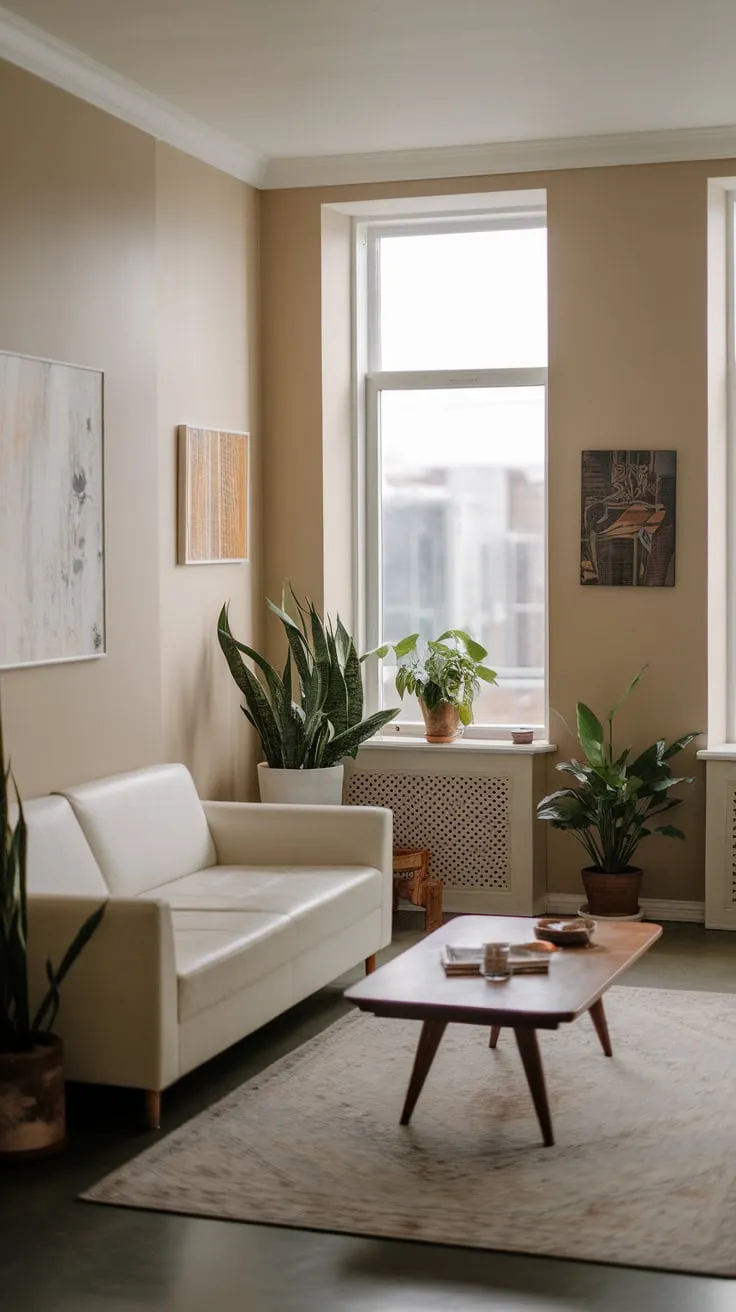 Modern minimalist living meets city views in this serene apartment's sunlit space