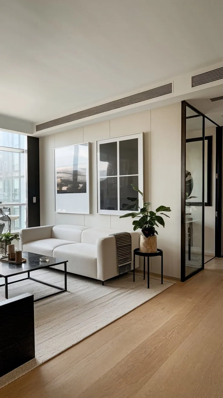 A bright modern apartment boasts a clean aesthetic with a white sofa, black coffee table, and light wood floors.