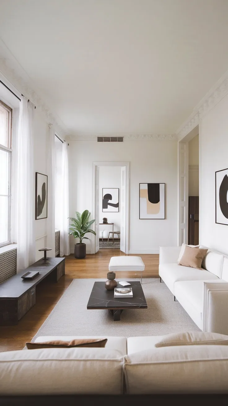 Clean lines and a neutral palette create a serene atmosphere in this modern apartment's minimalist living room.