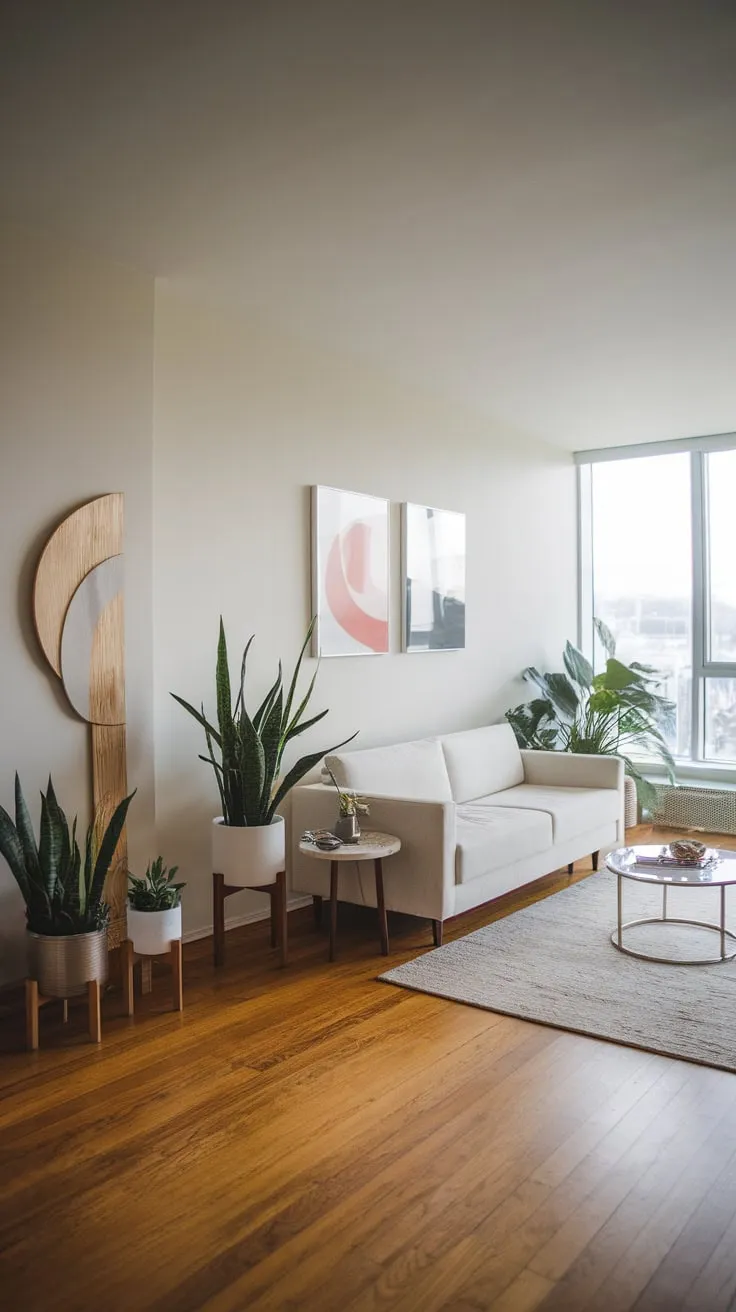 Sunlight floods a minimalist white apartment living room showcasing city views and natural wood floors