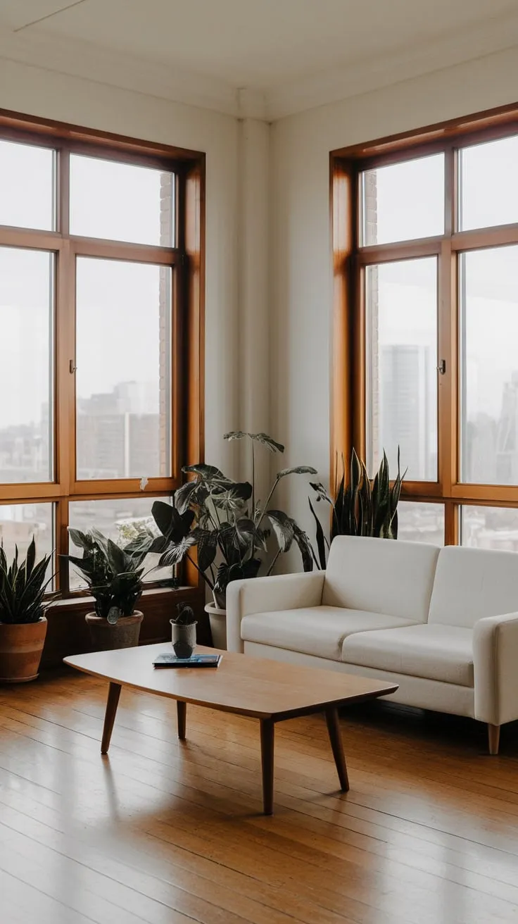 Clean lines and natural wood accents create a tranquil atmosphere in this stylish modernist apartment.