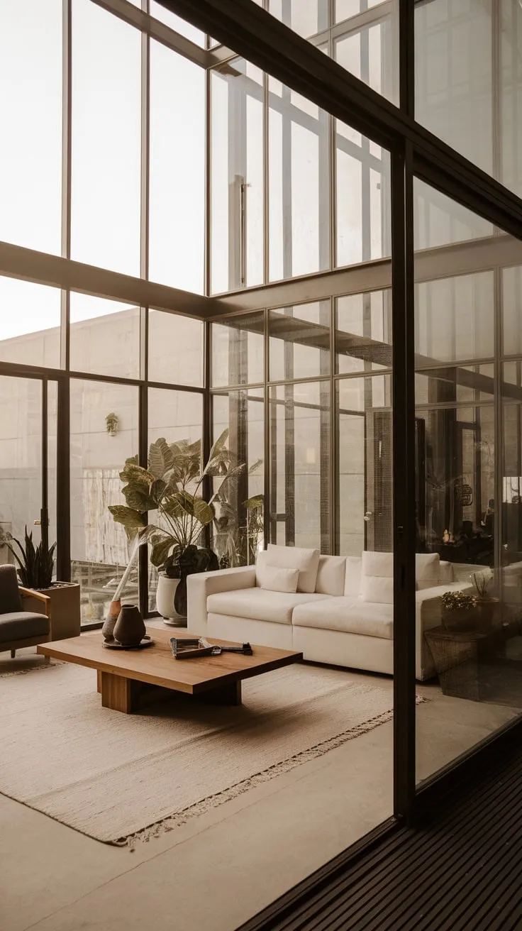 Sunlight floods a minimalist modern apartment living room, showcasing clean lines and natural elements.