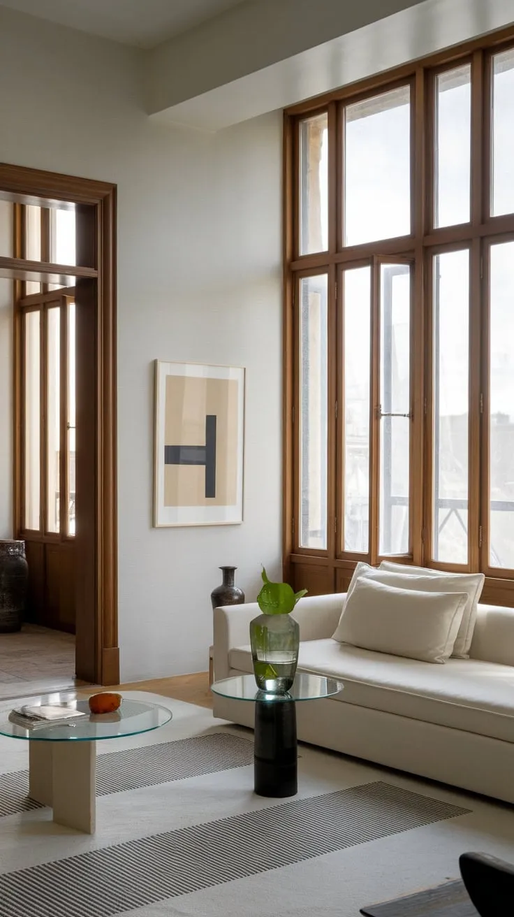 Sunlight streams into a minimalist modern apartment living room featuring clean lines, a neutral palette, and carefully curated décor.