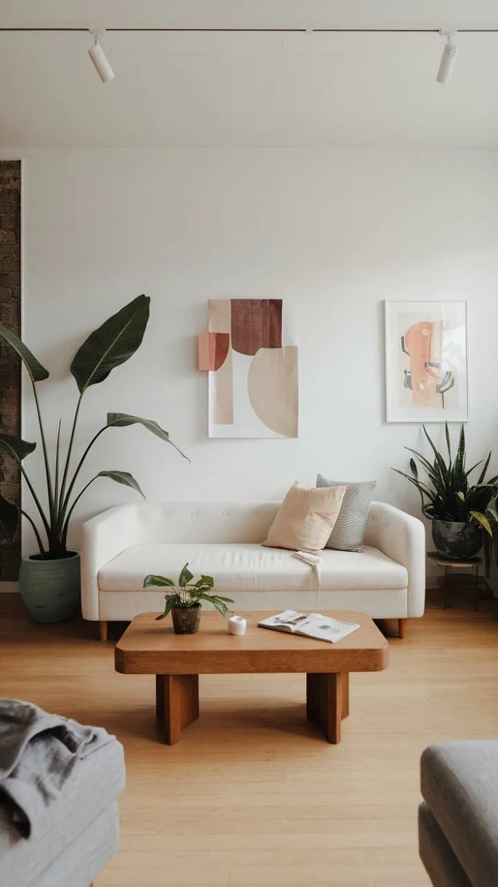 This modernist apartment blends simplicity and sophistication with light wood floors, a white sofa, and curated art, creating a serene oasis enhanced by strategically placed plants.