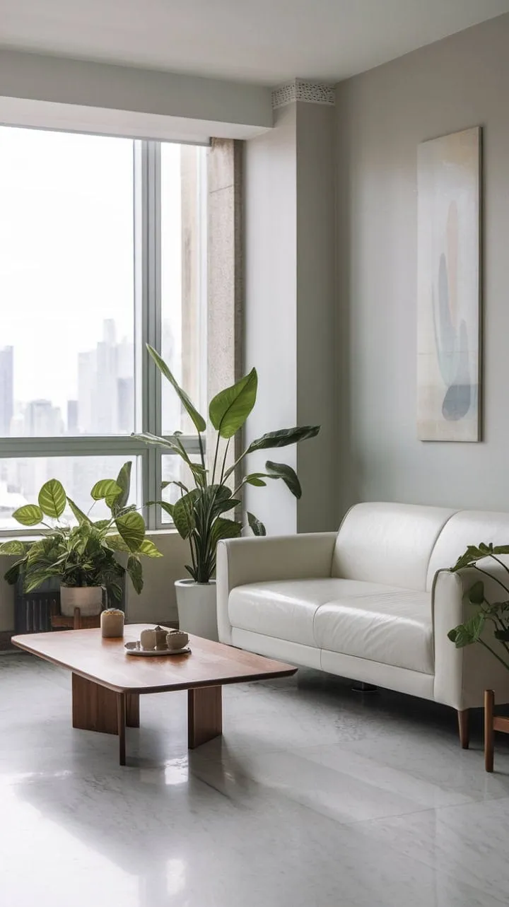 Sunlight bathes a minimalist modernist living room in serenity, where clean lines and lush greenery harmonize with a breathtaking cityscape.