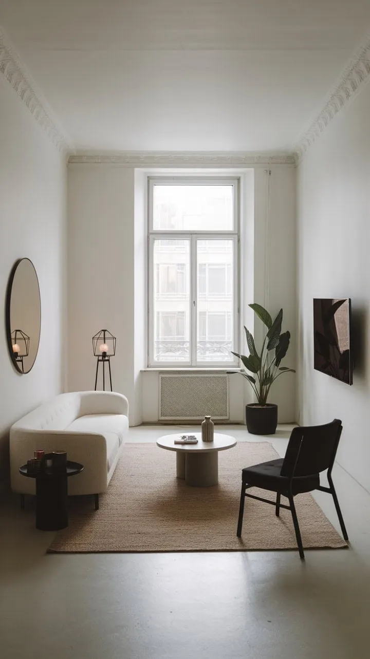 This modernist living room, with its clean lines and minimalist aesthetic, transforms into a serene urban sanctuary through carefully curated, stylishly functional pieces.