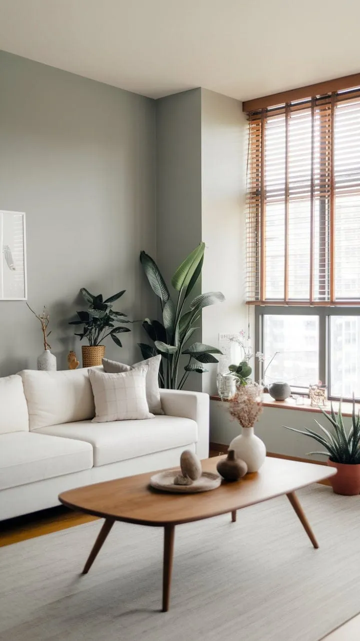 In this serene modern apartment, muted gray walls and strategically placed plants harmonize with warm natural light to create a tranquil oasis of minimalist elegance.
