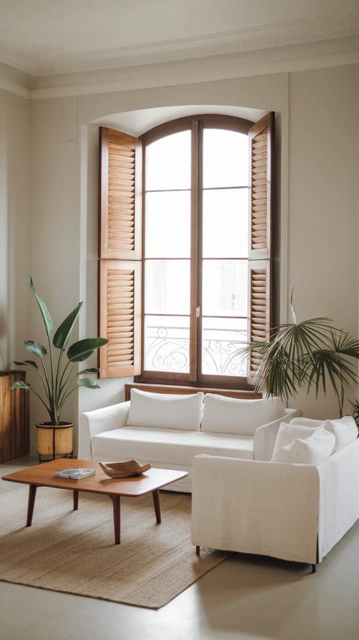 Bathed in sunlight and adorned with greenery, this minimalist modernist living room offers a serene sanctuary of clean lines and tranquil elegance.