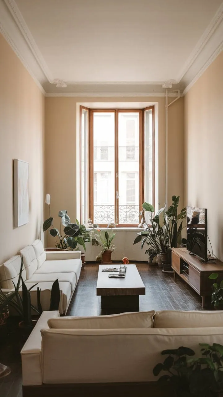 This apartment's living room exudes understated elegance, blending a white sofa and wooden coffee table with soft beige walls and abundant natural light for a chic, minimalist sanctuary.