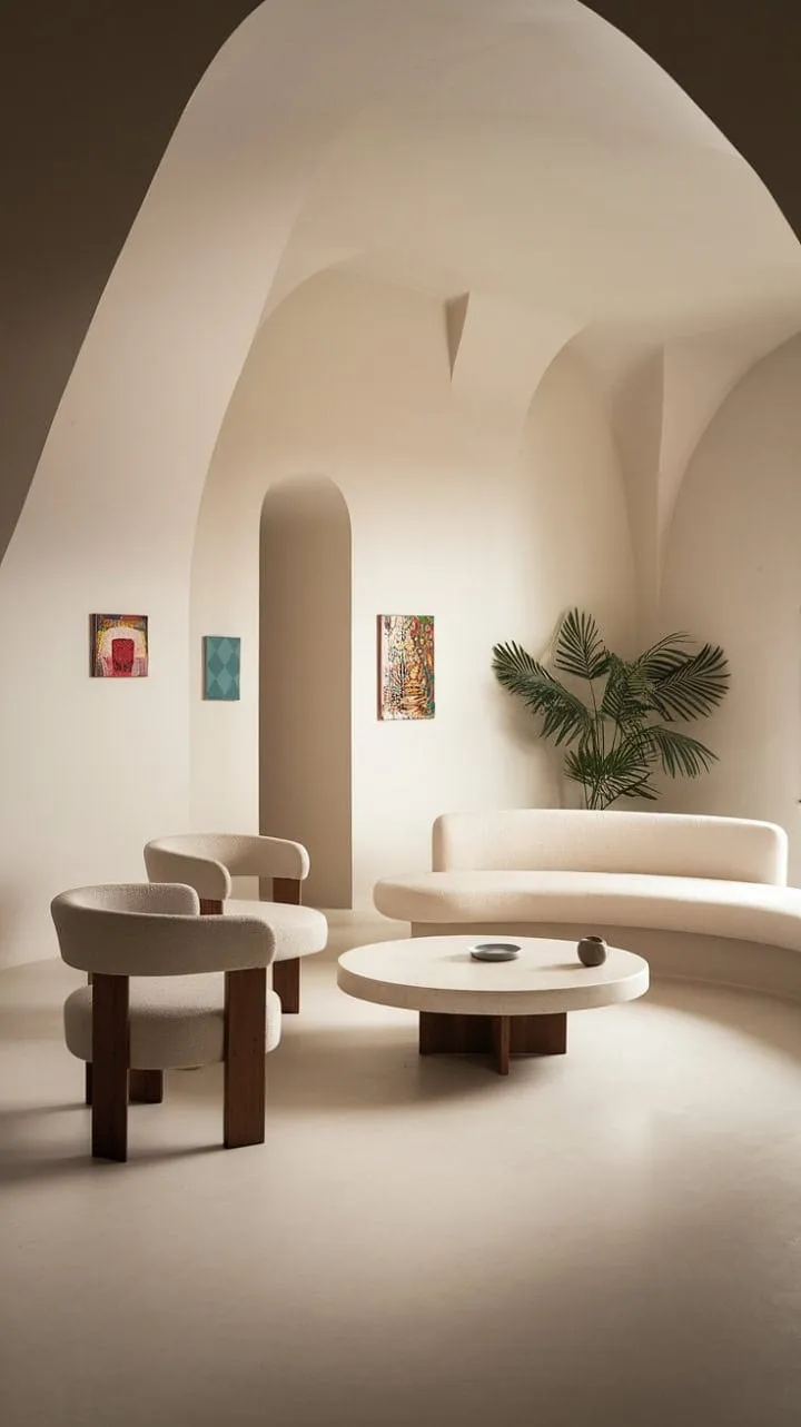 This minimalist sanctuary blends clean lines and curved comfort with vibrant accents, celebrating the elegance of simplicity.