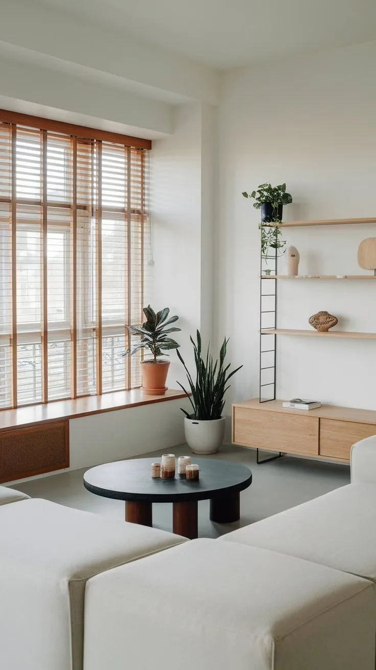 Clean lines and natural light define this minimalist modern apartment living room.