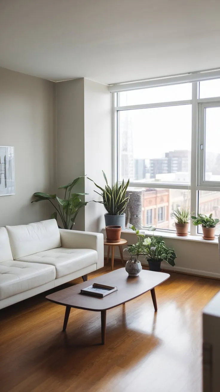 A light-filled modern apartment boasts a minimalist living space with stunning city vistas.