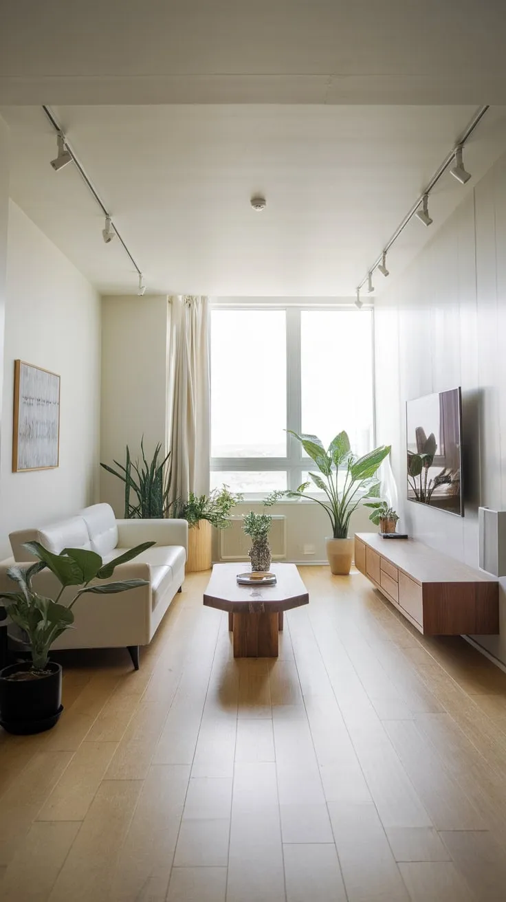 Sunlight floods a minimalist modern apartment living room, showcasing clean lines and a serene atmosphere.