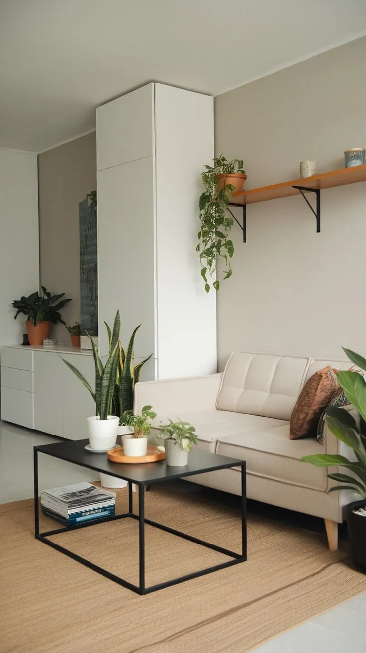 A light grey apartment showcases a stylish beige and black minimalist living space.