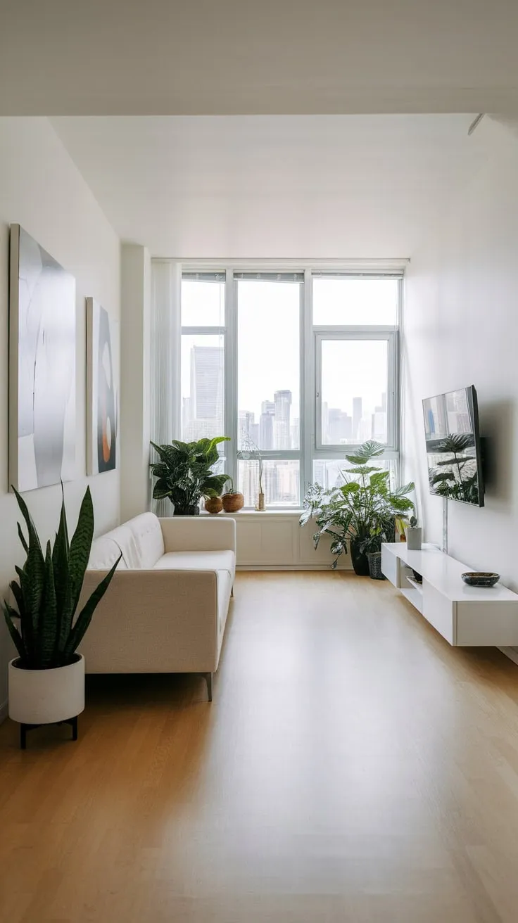 Modern minimalist living meets stunning city views in this light-filled apartment