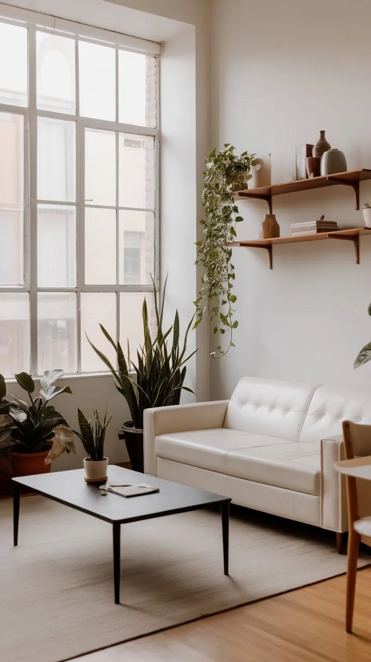 Sunlight floods a minimalist modern apartment living room, showcasing a white sofa, black coffee table, and verdant plants against a backdrop of clean white walls
