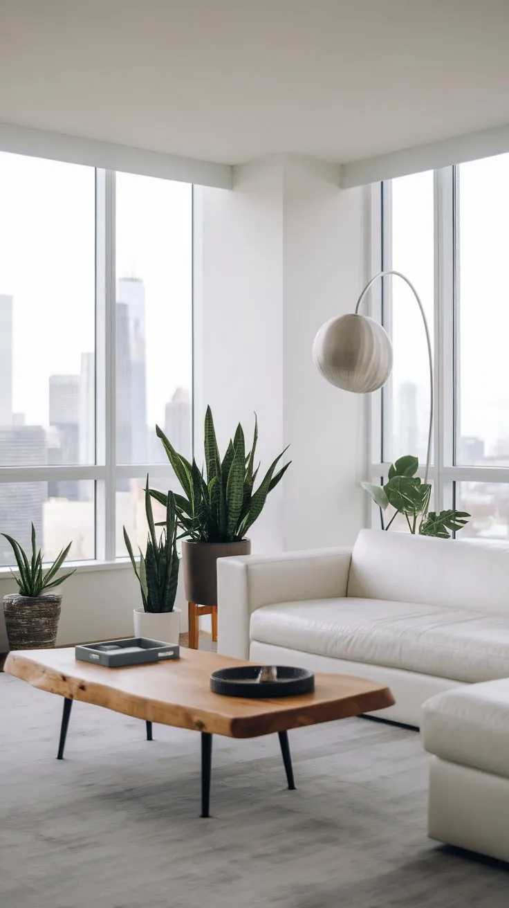 A minimalist white living room with city views showcases modern apartment living