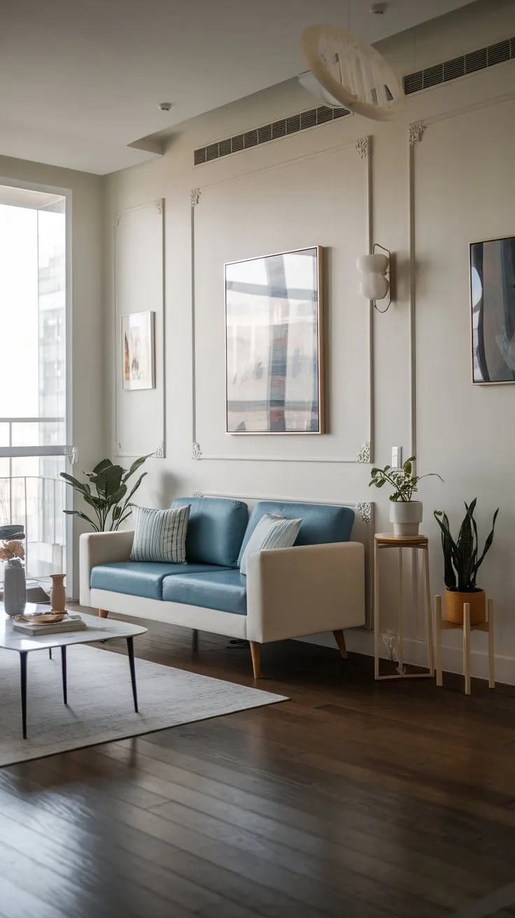 A white sofa and dark wood floors create a sophisticated yet calming atmosphere in this minimalist apartment living room.