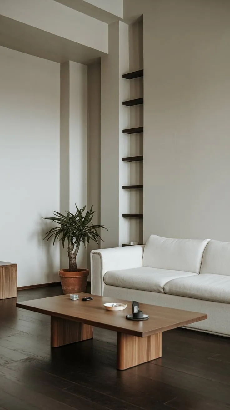 A white sofa, wooden coffee table, and potted plant accentuate the airy, white-walled space of this modernist apartment.