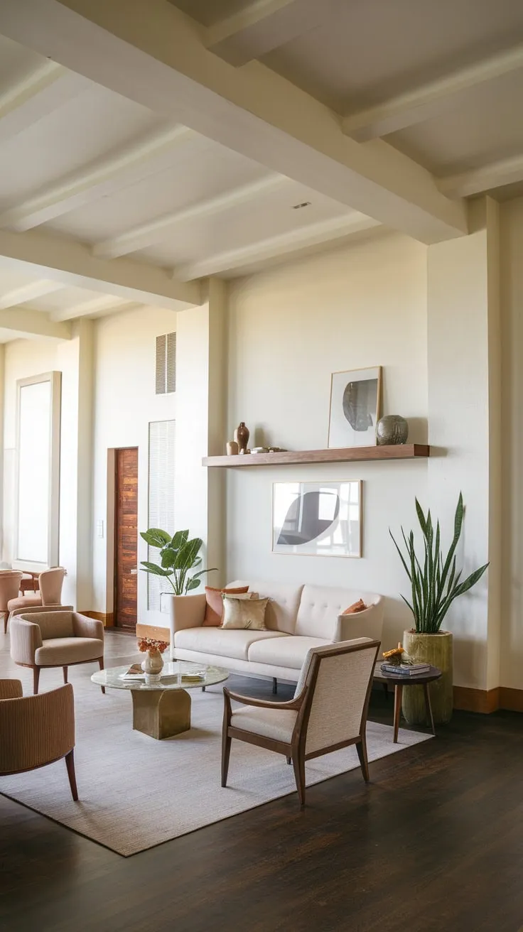 A sophisticated modern apartment boasts architectural details and a calming neutral palette.