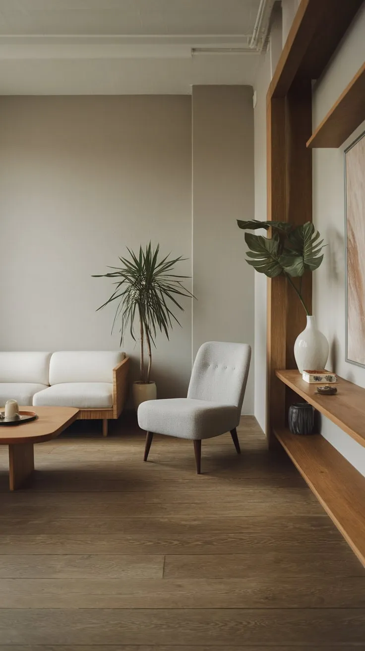 A minimalist living room in a modern apartment showcases clean lines, light gray walls, and a few carefully chosen pieces of furniture, creating a serene atmosphere.