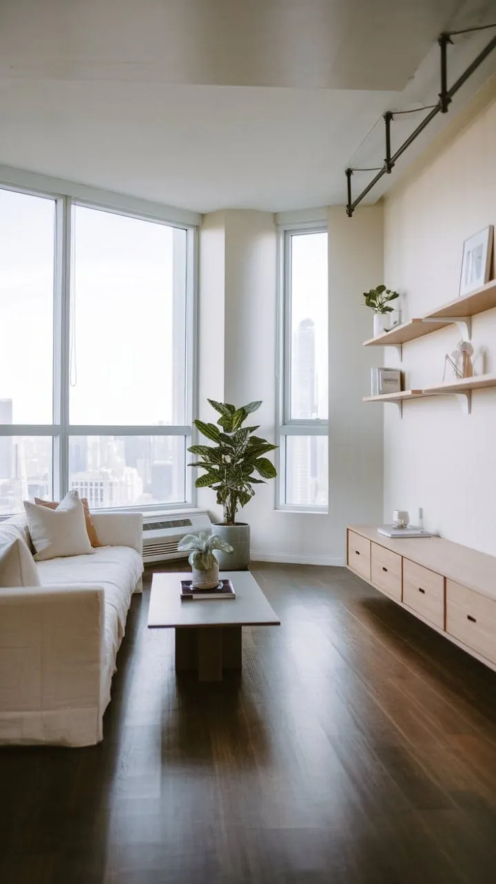 Bathed in sunlight, this minimalist apartment blends serene elegance with a stunning city view, creating a tranquil retreat.